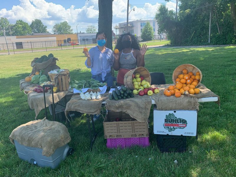 A farm stand at Butzel Family Recreation Center in Detroit, sponsored by Henry Ford Health, Come Play Detroit, and Eastern Market.