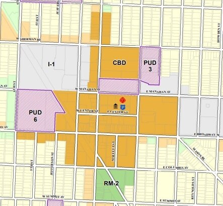 The eligible area centers on the Civic Business Center, which includes City Hall, the farmers market, the library, and the African American History Museum.