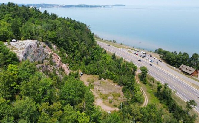 A drone view of the campground, perched 200 feet above Lake Superior.