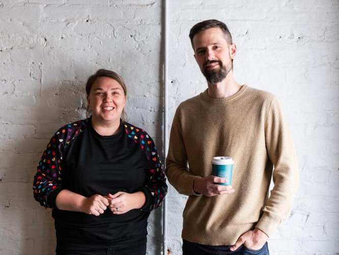 Lisa Barna, left, poses for a portrait with Nicholas Pidek in the former BlackDog Coffee shop in Eaton Rapids.
