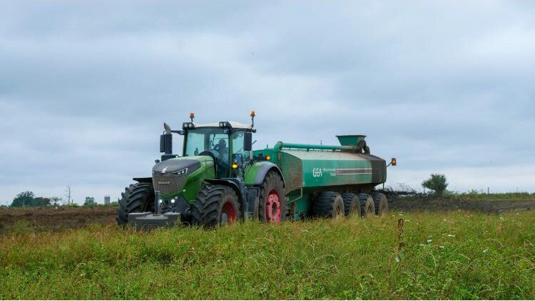 A tractor hauls manure on a growing cover crop.