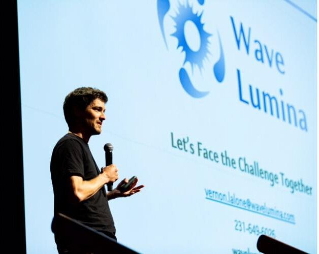 Vernon LaLone, founder and managing director of Wave Lumina, pitches at a recent TCNewTech pitch event, hosted by 20Fathoms.