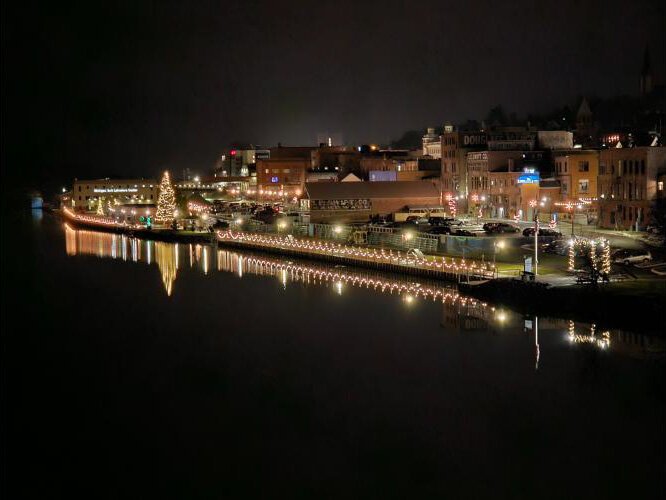 Houghton's waterfront at night and decked out for the holidays.