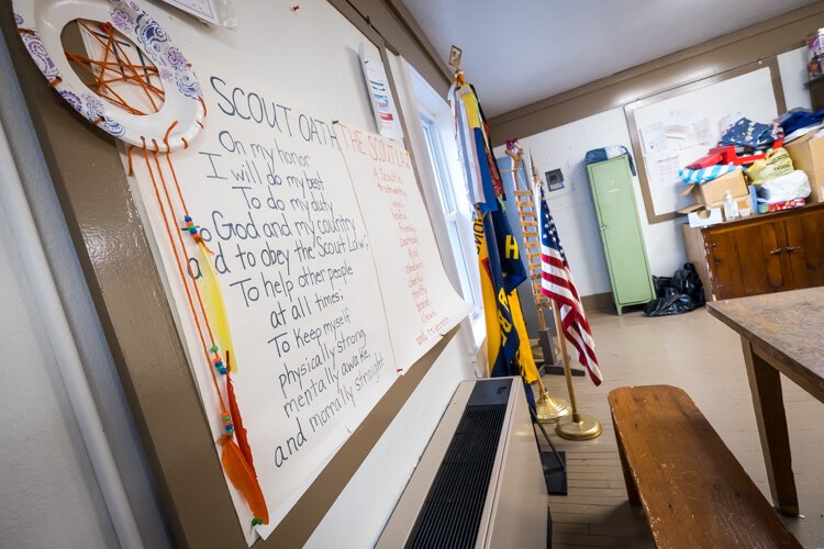 Items related to the Boy, Girl and Cub Scouts adorn one of the community meetings rooms in the Harbor Beach Community House.