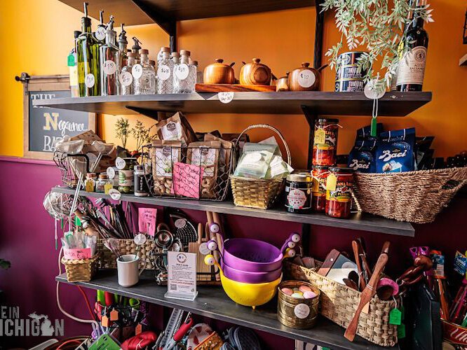 Inside the restaurant, the Negaunee Bazaar offers merchandise and imported delicacies.