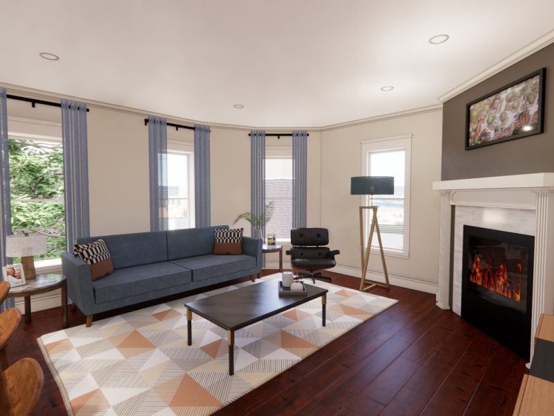 A rendering of a living area in one of the renovated rooms.