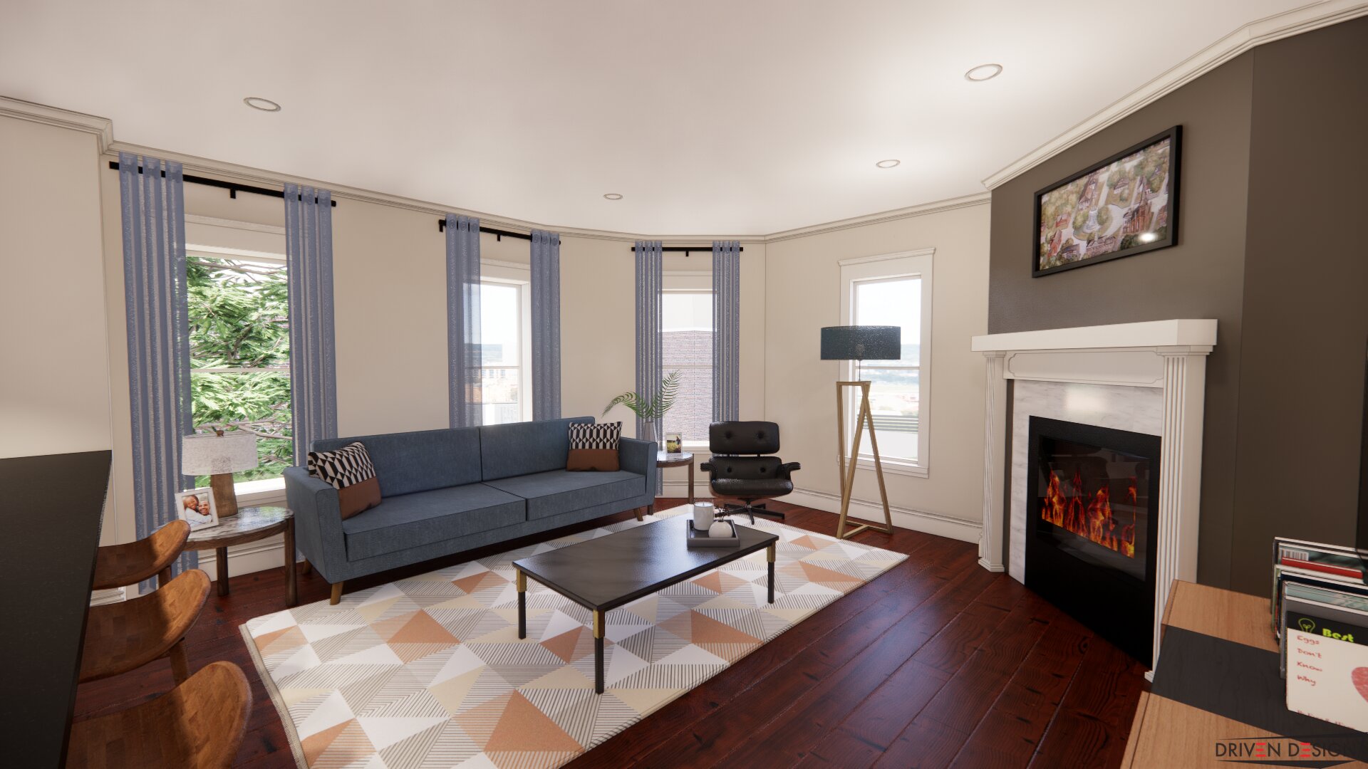 A rendering of a living area in one of the renovated rooms.