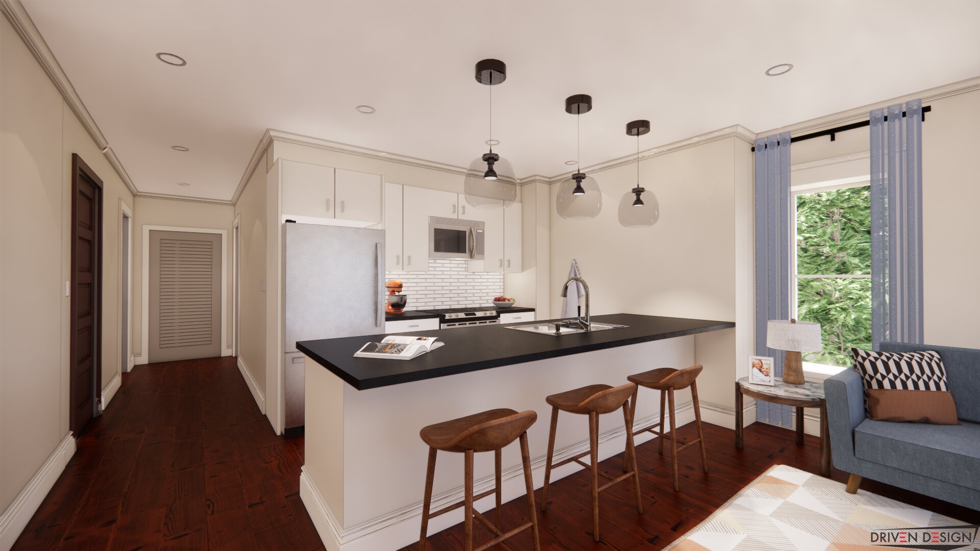 A rendering of a planned kitchen.