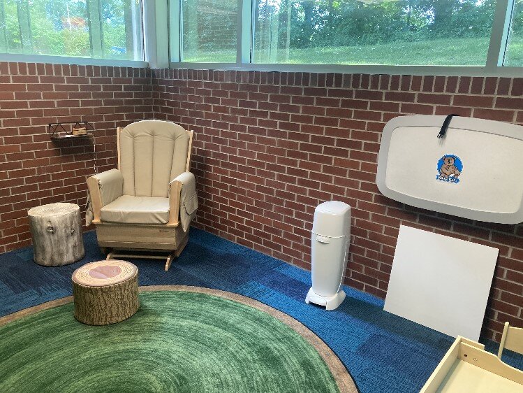 First ever in the library – an intimate and cozy place to nurse or change babies.  Note the privacy film on windows.  