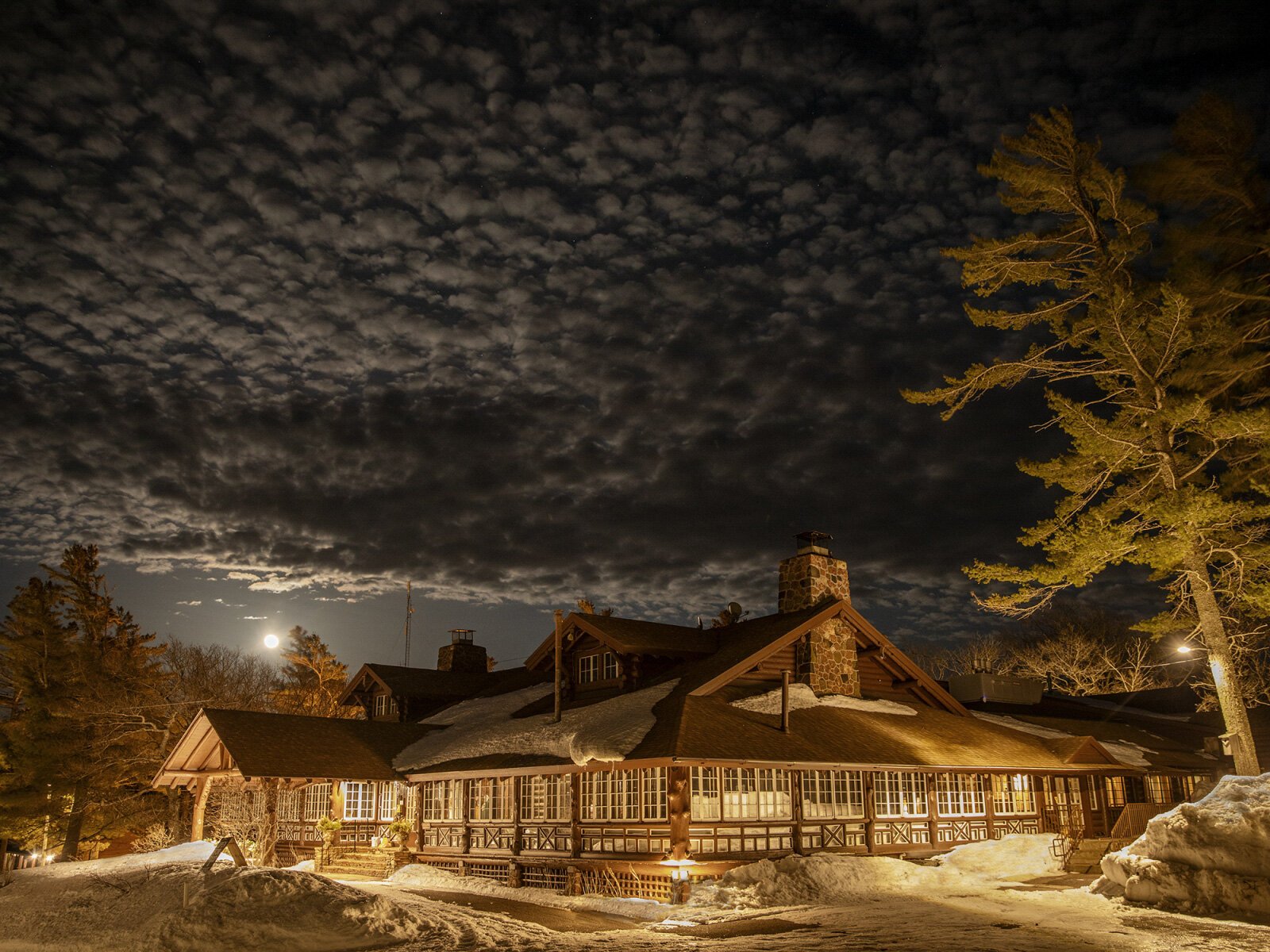 Keweenaw Mountain Lodge under a full moon.