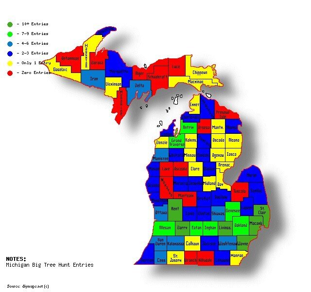Big Tree Hunt map of entries as of March of 2025.