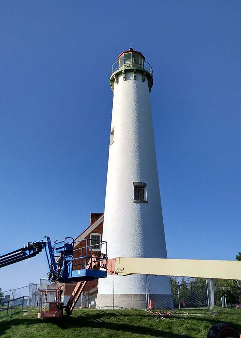 Once the brick exterior was patched, a historic whitewash was applied from top to bottom. The lighthouse is now better preserved and more historically accurate. (Credit: Mihm Enterprises, Inc.)