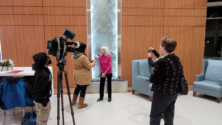 Gail Lanphear, president of the Pardee Foundation, is interviewed at the Pardee Cancer Wellness Center.