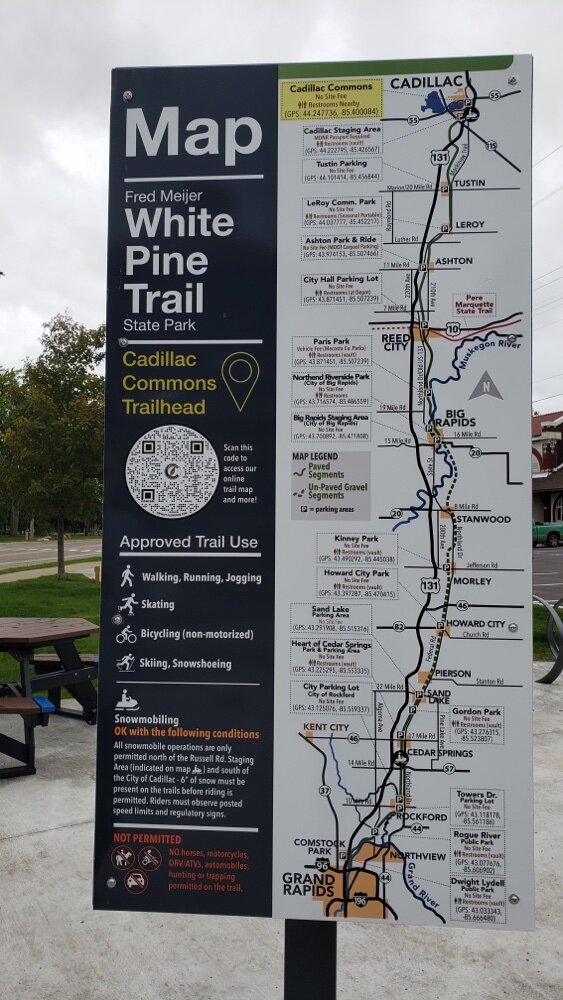 The White Pine Trail runs for 92 miles, from Cadillac to Comstock Park.
