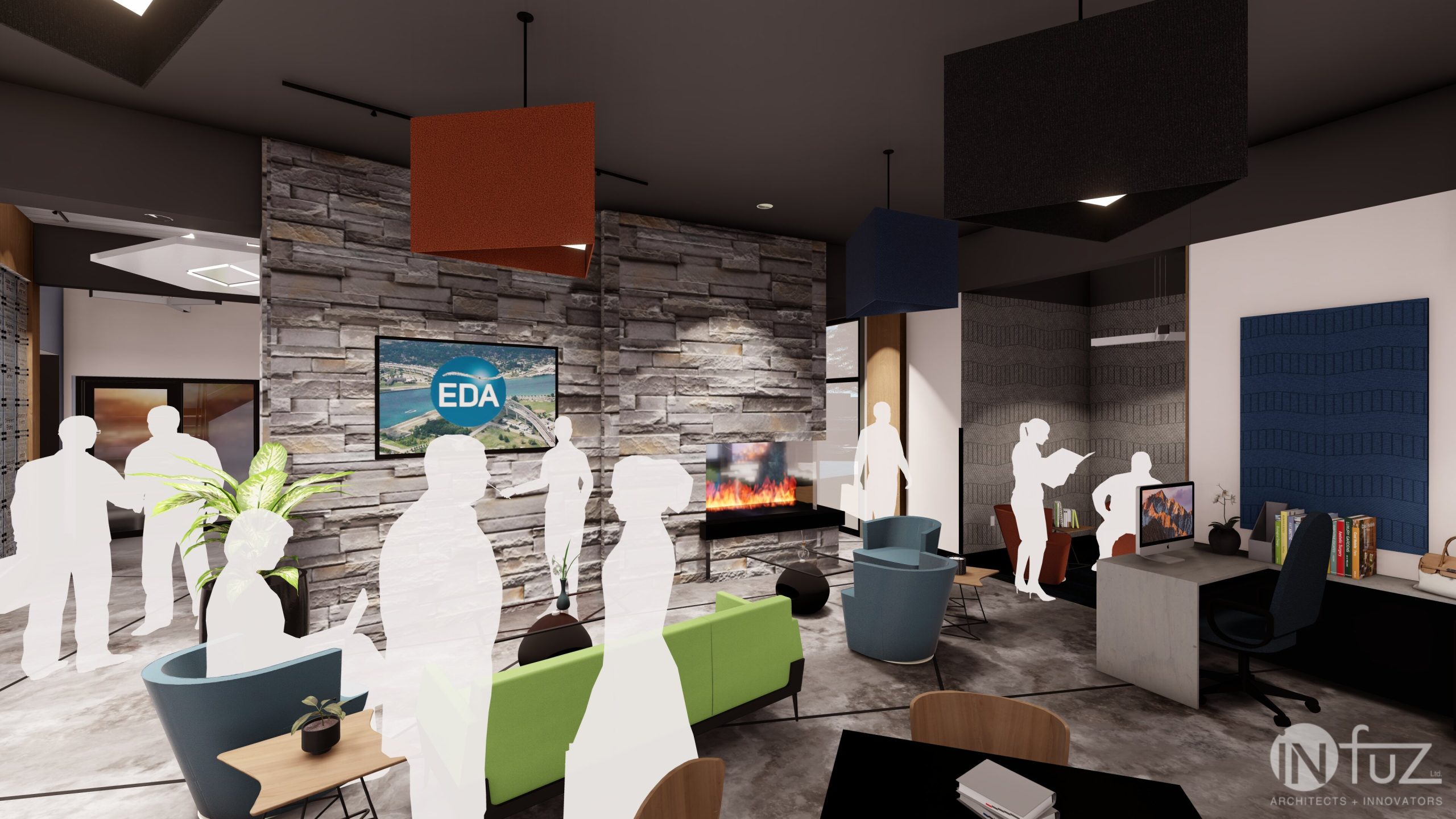 An interior rendering of the EDA Business Center.
